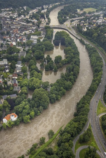 Aerial photograph, Ruhr flood, flooding, flooded Brehminsel Essen-Werden, Essen-Bredeney, Essen, Ruhr area, North Rhine-Westphalia, Germany, DE, Europe, birds-eyes view, aerial photograph, aerial photography, aerial photography, overview, overview, bird's eye view, flood, flood of the century