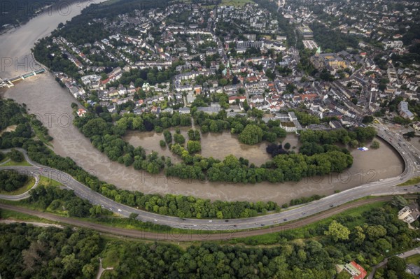Aerial photograph, Ruhr flood, flooding, flooded Brehminsel Essen-Werden, Essen-Bredeney, Essen, Ruhr area, North Rhine-Westphalia, Germany, DE, Europe, birds-eyes view, aerial photograph, aerial photography, aerial photography, overview, overview, bird's eye view, flood, flood of the century