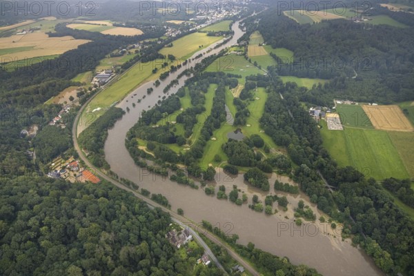 Aerial photograph, Ruhr flood, flooding, Kettwig, Essener Golf Club Haus Oefte e.V., Essen, Ruhr area, North Rhine-Westphalia, Germany, DE, Europe, birds-eyes view, aerial photograph, aerial photography, aerial photography, overview, bird's eye view, floods, flood of the century