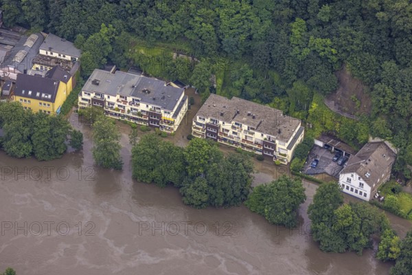 Aerial photo, Ruhr floods, floods at Laupendahler Landstraße in Essen-Werden, Werden, Essen, Ruhr area, North Rhine-Westphalia, Germany, DE, Europe, birds-eyes view, aerial photo, aerial photography, aerial photography, overview, overview, bird's eye view, flood, flood of the century, flooding