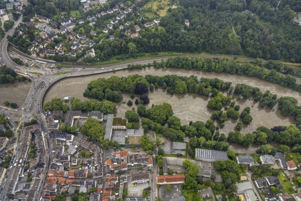 Aerial photograph, Ruhr flood, flooding, flooded Brehminsel Essen-Werden, Essen-Bredeney, Essen, Ruhr area, North Rhine-Westphalia, Germany, DE, Europe, birds-eyes view, aerial photograph, aerial photography, aerial photography, overview, overview, bird's eye view, flood, flood of the century