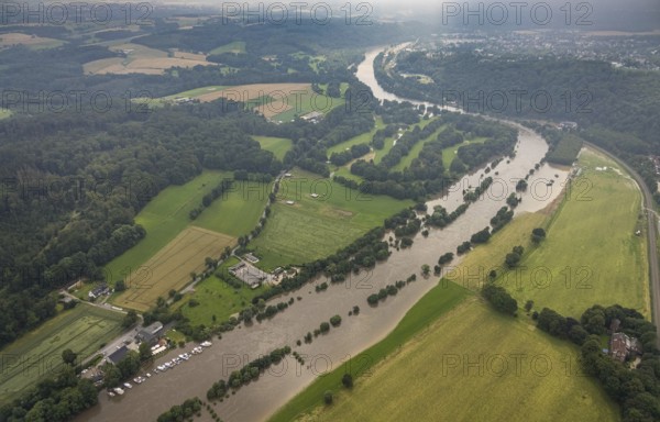 Aerial photo, Ruhr flood, flooding, Werden, Essen, Ruhr area, North Rhine-Westphalia, Germany, DE, Europe, birds-eyes view, aerial photo, aerial photography, aerial photography, overview, bird's eye view, floods, floods of the century