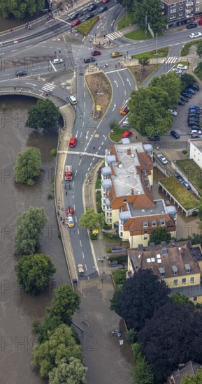 Aerial photo, Ruhr floods, floods at Laupendahler Landstraße in Essen-Werden, Werden, Essen, Ruhr area, North Rhine-Westphalia, Germany, DE, Europe, birds-eyes view, aerial photo, aerial photography, aerial photography, overview, overview, bird's eye view, flood, flood of the century, flooding