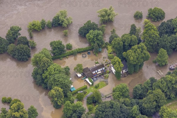 Aerial photo, Ruhr flood, flooding, Werden, Essen, Ruhr area, North Rhine-Westphalia, Germany, DE, Europe, birds-eyes view, aerial photo, aerial photography, aerial photography, overview, bird's eye view, flood, flood of the century