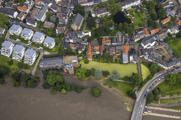 Aerial photo, Ruhr flood, flooding, Kettwig, Essen, Ruhr area, North Rhine-Westphalia, Germany, DE, Europe, birds-eyes view, aerial photo, aerial photography, aerial photography, overview, bird's eye view, floods, floods of the century