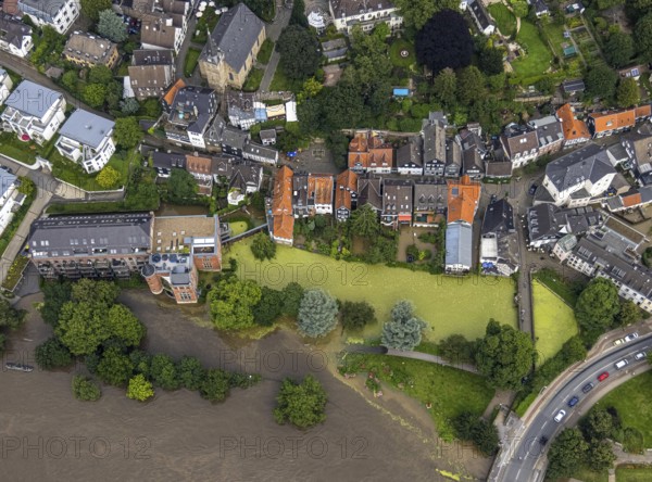Aerial photo, Ruhr flood, flooding, Kettwig, Essen, Ruhr area, North Rhine-Westphalia, Germany, DE, Europe, birds-eyes view, aerial photo, aerial photography, aerial photography, overview, bird's eye view, floods, floods of the century