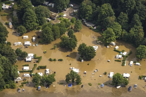 Aerial photo, Ruhr flood, flooding, Cammerzell campsite, Kettwig, Essen, Ruhr area, North Rhine-Westphalia, Germany, DE, Europe, birds-eyes view, aerial photo, aerial photography, aerial photography, overview, bird's eye view, floods, floods of the century