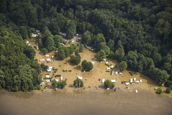 Aerial photo, Ruhr flood, flooding, Cammerzell campsite, Kettwig, Essen, Ruhr area, North Rhine-Westphalia, Germany, DE, Europe, birds-eyes view, aerial photo, aerial photography, aerial photography, overview, bird's eye view, floods, floods of the century