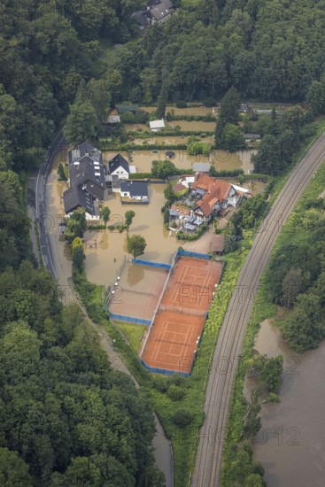 Aerial photo, Ruhr flood, flooding, Landhaus Rutherbach, Essen-Heidhausen, Essen, Ruhr area, North Rhine-Westphalia, Germany, DE, Europe, birds-eyes view, aerial photo, aerial photography, aerial photography, overview, overview, bird's eye view, floods, floods of the century
