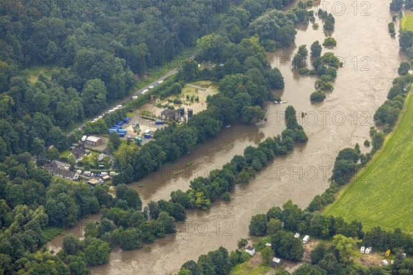 Aerial photo, Ruhr floods, floods at Laupendahler Landstraße in Essen-Werden, Werden, Essen, Ruhr area, North Rhine-Westphalia, Germany, DE, Europe, birds-eyes view, aerial photo, aerial photography, aerial photography, overview, overview, bird's eye view, flood, flood of the century, flooding