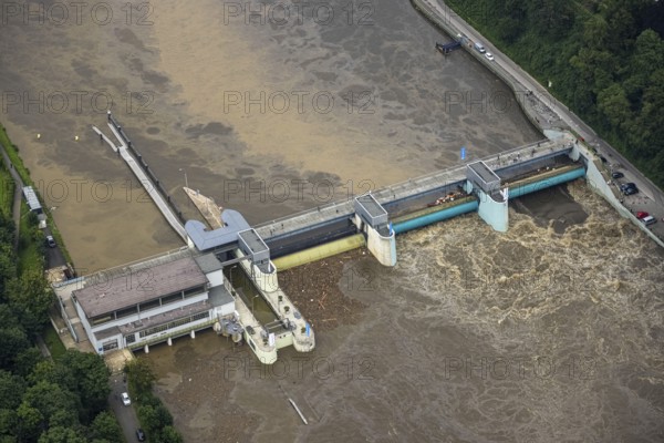 Aerial photo, Ruhr flood, flooding, Lake Baldeney weir Essen-Werden, Essen-Bredeney, Essen, Ruhr area, North Rhine-Westphalia, Germany, DE, Europe, birds-eyes view, aerial photo, aerial photography, aerial photography, overview, overview, bird's eye view, flood, century flood