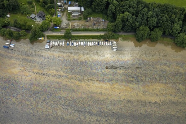 Aerial photo, Ruhr flood, flooding, Lake Baldeney with oil discolouration on the water surface, Fischlaken, Essen, Ruhr area, North Rhine-Westphalia, Germany, DE, Europe, birds-eyes view, aerial photo, aerial photography, aerial photography, overview, overview, bird's eye view, flood, flood of the century