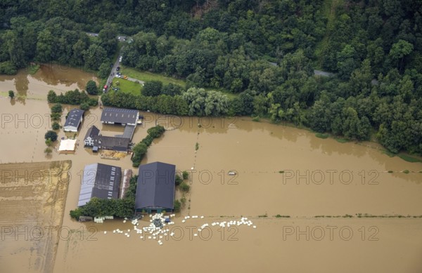 Aerial photo, Ruhr flood, flooding, Kettwig, Essen, Ruhr area, North Rhine-Westphalia, Germany, DE, Europe, birds-eyes view, aerial photo, aerial photography, aerial photography, overview, bird's eye view, floods, floods of the century