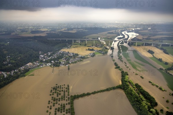 Aerial photo, Ruhr flood, flooding, Kettwig, Essen, Ruhr area, North Rhine-Westphalia, Germany, DE, Europe, birds-eyes view, aerial photo, aerial photography, aerial photography, overview, bird's eye view, floods, floods of the century