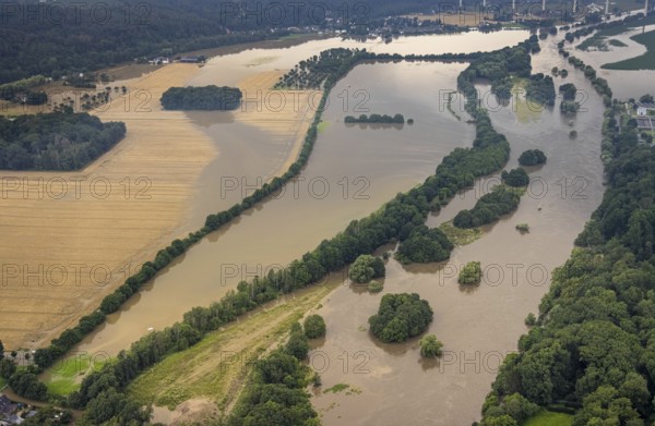 Aerial photo, Ruhr flood, flooding, Ruhr between Essen-Kettwig and Mülheim on the A52 motorway bridge, Kettwig, Essen, Ruhr area, North Rhine-Westphalia, Germany, DE, Europe, birds-eyes view, aerial photography, aerial photography, overview, bird's eye view, floods, floods of the century