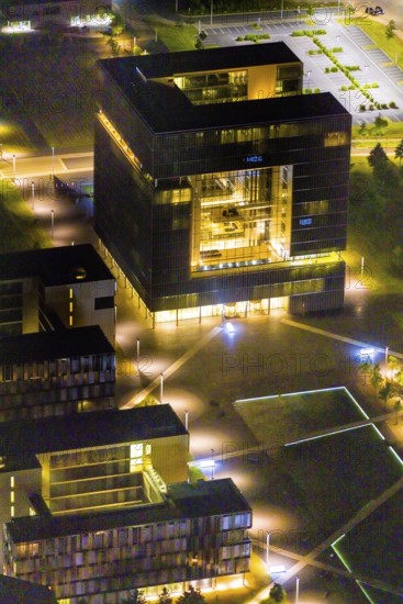 Aerial view, thyssenkrupp Quarter, Altendorf, Essen, Ruhr area, North Rhine-Westphalia, Germany, outdoor lighting, office campus, DE, design, twilight, Europe, light pollution, aerial photograph, aerial photography, night aerial photograph, Q1 buildings, streetlights, street lamps, thyssenkrupp headquarters, overview, bird's eye view, illuminated, illuminated houses, illuminated house, birds-eyes view, artificial light, night, nightflight, overview