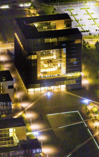Aerial view, thyssenkrupp Quarter, Altendorf, Essen, Ruhr area, North Rhine-Westphalia, Germany, outdoor lighting, office campus, DE, design, twilight, Europe, light pollution, aerial photograph, aerial photography, night aerial photograph, Q1 buildings, streetlights, street lamps, thyssenkrupp headquarters, overview, bird's eye view, illuminated, illuminated houses, illuminated house, birds-eyes view, artificial light, night, nightflight, overview
