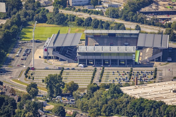 Aerial view, stadium Essen at the Hafenstraße in the district Bergeborbeck in Essen, Ruhr area, North Rhine-Westphalia, Germany, DE, Essen, Europe, football pitch, football stadium, football club, aerial view, aerial photography, aerial photography, Rot-Weiß Essen, sports, sports facilities, sports field, sports venue, stadium, overview, bird's-eye view, overview