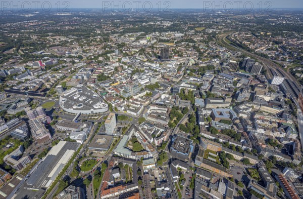 Aerial view, townscape city with Limbecker Platz and Funke Mediengruppe in the city centre in Essen, Ruhr area, North Rhine-Westphalia, Germany, City, DE, Essen, Europe, city centre, aerial view, aerial photography, aerial photography, townscape, city area, city centre, overview, bird's eye view, newspaper publisher, birds-eyes view, overview