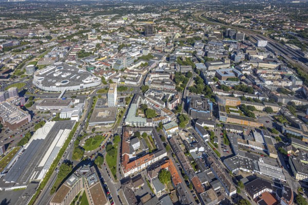Aerial view, townscape city with Limbecker Platz in the city centre in Essen, Ruhr area, North Rhine-Westphalia, Germany, City, DE, Essen, Europe, city centre, aerial view, aerial photography, aerial photography, townscape, city area, city centre, overview, bird's-eye view, overview