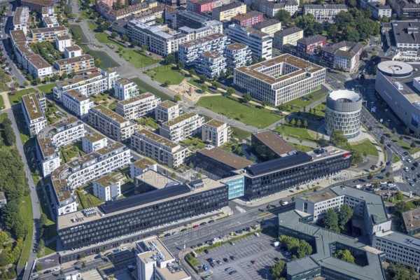 Aerial view, Green Centre Essen with Funke Media Group in the city centre, Essen, Ruhr area, North Rhine-Westphalia, Germany, DE, Europe, Funke Tower, property tax, real estate, aerial view, aerial photography, aerial photography, overview, university quarter, bird's-eye view, residential area, residential buildings, residential quality, residential quarter, newspaper publisher, birds-eyes view, overview