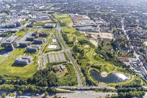 Aerial view, thyssenkrupp Quarter Corporate Headquarters with Krupp Park in the West Quarter in Essen, Ruhr area, North Rhine-Westphalia, Germany, DE, Essen, Europe, open-air site, commercial enterprises, commercial area, commercial park, commercial site, commercial use, industrial site, aerial view, aerial photography, aerial photography, aerial photography, Q objects, overview, bird's-eye view, bird's-eye view, overview