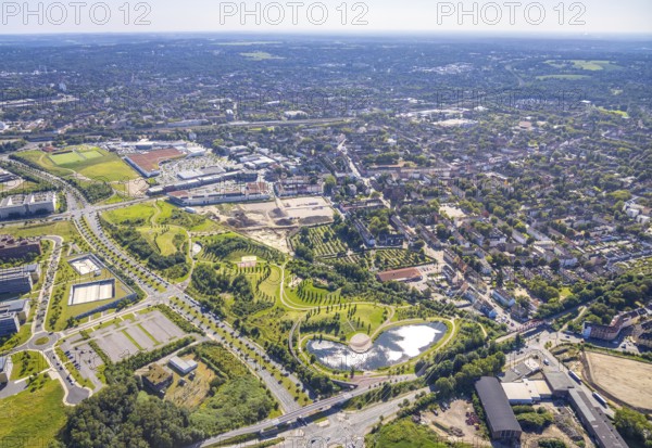 Aerial view, thyssenkrupp Quarter Corporate Headquarters with Krupp Park in the West Quarter in Essen, Ruhr area, North Rhine-Westphalia, Germany, DE, Essen, Europe, open-air site, commercial enterprises, commercial area, commercial park, commercial site, commercial use, industrial site, aerial view, aerial photography, aerial photography, aerial photography, Q objects, overview, bird's-eye view, bird's-eye view, overview
