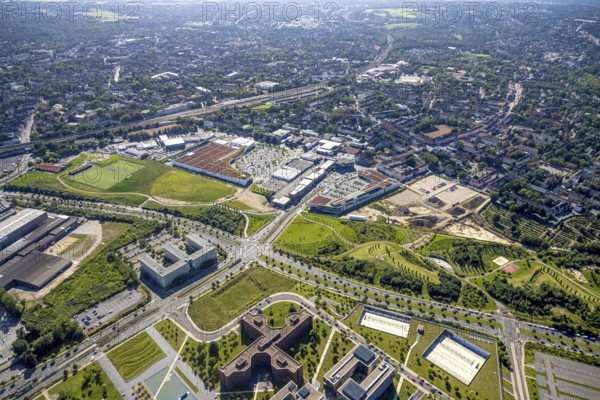 Aerial view, construction site Husmannshofstraße of the former Real supermarket for new building complex as well as McDreams Hotel Essen-City and shopping centre at Krupp Park in the Westviertel in Essen, Ruhr area, North Rhine-Westphalia, Germany, construction work, construction area, construction site, building plots, construction project, construction site, DE, Essen, Europe, outdoor area, gastronomy, commercial enterprises, commercial area, commercial park, commercial location, commercial use, hotel, hotel facilities, hotel industry, industrial location, aerial view, aerial photography, aerial photography, Q objects, overview, bird's-eye view, birds-eyes view, overview