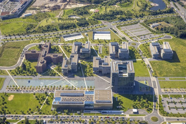 Aerial view, thyssenkrupp Quarter Corporate Headquarters in the West Quarter in Essen, Ruhr area, North Rhine-Westphalia, Germany, DE, Essen, Europe, open-air site, commercial enterprises, commercial area, commercial park, commercial site, commercial use, industrial site, aerial photograph, aerial photography, aerial photography, Q objects, overview, bird's-eye view, bird's-eye view, overview
