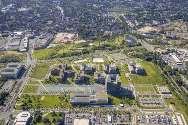 Aerial view, thyssenkrupp Quarter Corporate Headquarters with Krupp Park in the West Quarter in Essen, Ruhr area, North Rhine-Westphalia, Germany, DE, Essen, Europe, open-air site, commercial enterprises, commercial area, commercial park, commercial site, commercial use, industrial site, aerial view, aerial photography, aerial photography, aerial photography, Q objects, overview, bird's-eye view, bird's-eye view, overview