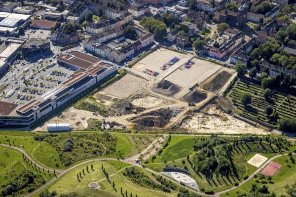 Aerial view, construction site Husmannshofstraße of the former Real market for new building complex as well as McDreams Hotel Essen-City and shopping centre at Krupp Park in the Westviertel in Essen, Ruhr area, North Rhine-Westphalia, Germany, construction work, construction area, construction site, building plots, construction measure, construction project, construction site, DE, Essen, Europe, gastronomy, hotel, hotel facilities, hotel industry, aerial view, aerial photography, aerial photography, overview, bird's-eye view, birds-eyes view, overview