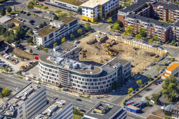 Aerial view, construction site project Neue Weststadt with new building office complex Frohnhauser Straße in the Westviertel in Essen, Ruhr area, North Rhine-Westphalia, Germany, construction work, construction area, building site, building plots, construction measure, construction project, construction site, DE, Essen, Europe, commercial enterprises, commercial area, commercial location, commercial use, aerial view, aerial photography, aerial photography, new building, overview, bird's-eye view, overview