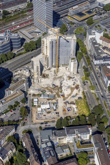 Aerial view, demolition Ypsilon-Haus of RWE headquarters Essen in the Huyssenallee, planned new building for office campus in the southern district in Essen, Ruhr area, North Rhine-Westphalia, Germany, demolition work, construction work, construction area, construction site, building plots, construction project, construction site, office complex, DE, energy company, Essen, Europe, aerial view, aerial photography, aerial photography, overview, bird's eye view, Ypsilon-Haus, birds-eyes view, overview