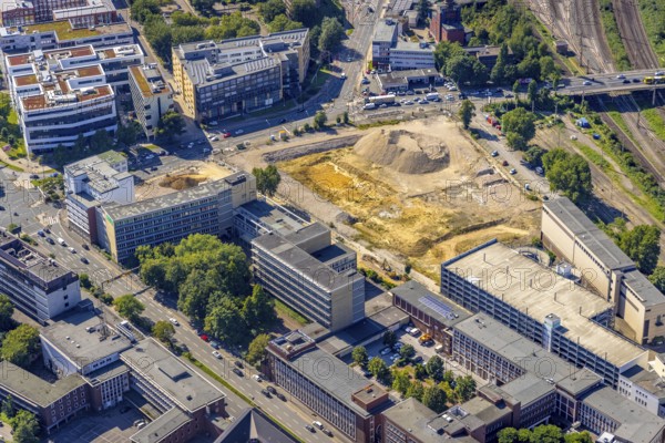 Aerial view, construction site new literature quarter for offices and flats on Sachsenstraße with demolition of the former newspaper quarter in the southern district in Essen, Ruhr area, North Rhine-Westphalia, Germany, construction work, construction area, building site, building plots, construction measure, construction project, construction site, DE, Essen, Europe, commercial enterprises, commercial area, commercial park, commercial location, commercial use, industrial area, industrial location, aerial view, aerial photography, aerial photography, new construction, overview, bird's-eye view, overview