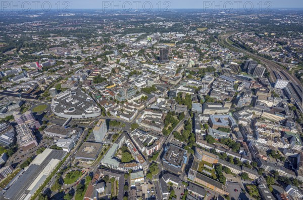 Aerial view, townscape city with Limbecker Platz in the city centre in Essen, Ruhr area, North Rhine-Westphalia, Germany, City, DE, Essen, Europe, city centre, aerial view, aerial photography, aerial photography, townscape, city area, city centre, overview, bird's-eye view, overview
