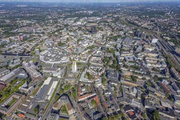 Aerial view, townscape city with Limbecker Platz and Funke Mediengruppe in the city centre in Essen, Ruhr area, North Rhine-Westphalia, Germany, City, DE, Essen, Europe, city centre, aerial view, aerial photography, aerial photography, townscape, city area, city centre, overview, bird's eye view, newspaper publisher, birds-eyes view, overview