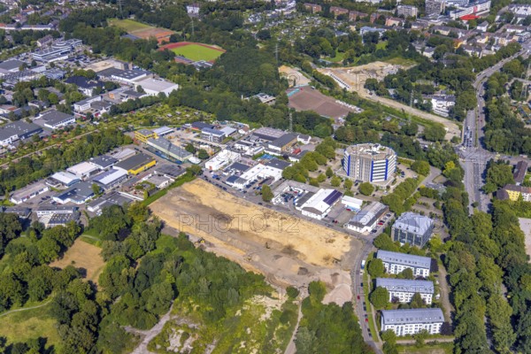 Aerial view, construction site for planned residential development Am Thurmfeld in the district Nordviertel in Essen, Ruhr area, North Rhine-Westphalia, Germany, construction work, construction area, building site, building plots, construction project, construction site, DE, Essen, Europe, aerial view, aerial photography, aerial photography, overview, bird's-eye view, overview