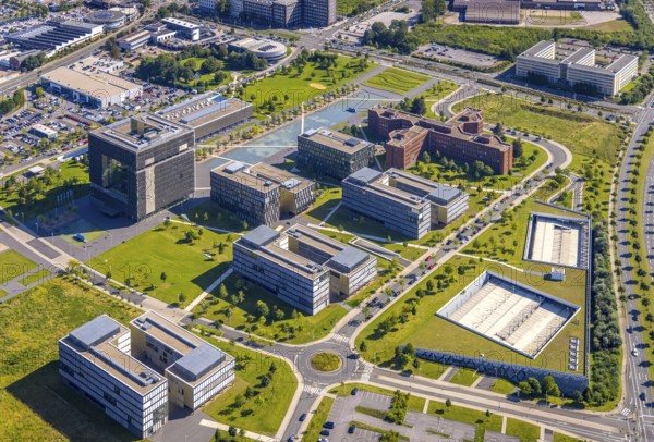 Aerial view, thyssenkrupp Quarter Corporate Headquarters in the West Quarter in Essen, Ruhr area, North Rhine-Westphalia, Germany, DE, Essen, Europe, open-air site, commercial enterprises, commercial area, commercial park, commercial site, commercial use, industrial site, aerial photograph, aerial photography, aerial photography, Q objects, overview, bird's-eye view, bird's-eye view, overview