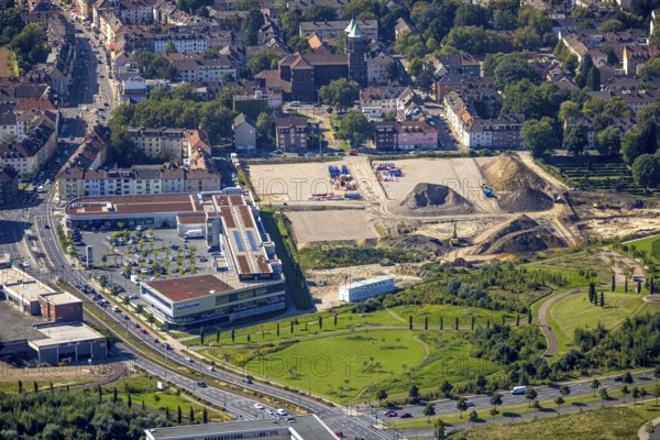 Aerial view, construction site Husmannshofstraße of the former Real market for new building complex as well as McDreams Hotel Essen-City and shopping centre at Krupp Park in the Westviertel in Essen, Ruhr area, North Rhine-Westphalia, Germany, construction work, construction area, construction site, building plots, construction measure, construction project, construction site, DE, Essen, Europe, gastronomy, hotel, hotel facilities, hotel industry, aerial view, aerial photography, aerial photography, overview, bird's-eye view, birds-eyes view, overview