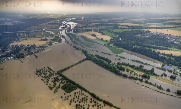 Aerial photo, Ruhr flood, flooding, Kettwig, Essen, Ruhr area, North Rhine-Westphalia, Germany, DE, Europe, birds-eyes view, aerial photo, aerial photography, aerial photography, overview, bird's eye view, floods, floods of the century