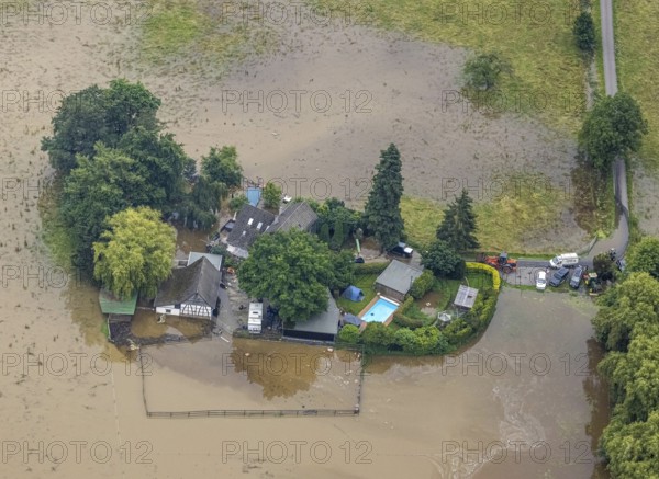 Aerial photo, Ruhr flood, flooding, Kettwig, Essen, Ruhr area, North Rhine-Westphalia, Germany, DE, Europe, birds-eyes view, aerial photo, aerial photography, aerial photography, overview, bird's eye view, floods, floods of the century