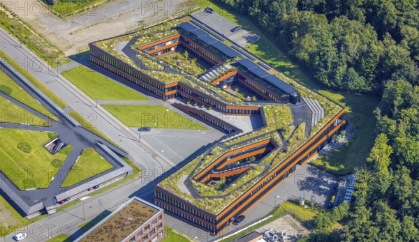 Aerial view, building of the RAG Foundation on the grounds of the Zollverein Coal Mine Industrial Complex in Essen-Stoppenberg, Essen, Ruhr area, North Rhine-Westphalia, Germany, DE, Europe, aerial view, aerial photography, aerial photography, overview, bird's-eye view, overview