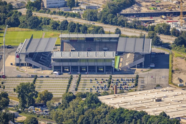 Aerial view, stadium Essen at the Hafenstraße in the district Bergeborbeck in Essen, Ruhr area, North Rhine-Westphalia, Germany, DE, Essen, Europe, football pitch, football stadium, football club, aerial view, aerial photography, aerial photography, Rot-Weiß Essen, sports, sports facilities, sports field, sports venue, stadium, overview, bird's-eye view, overview
