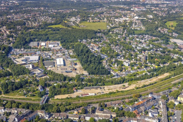 Aerial view, industrial area Bonifaciusstraße and brownfield site Joachimstraße at Essen-Kray Nord railway station in Essen-Kray, Essen, Ruhr area, North Rhine-Westphalia, Germany, construction area, building site, building plots, DE, Europe, commercial enterprises, commercial area, commercial park, commercial site, commercial use, industrial area, industrial building, industrial site, aerial photograph, aerial photography, aerial photography, overview, bird's-eye view, overview