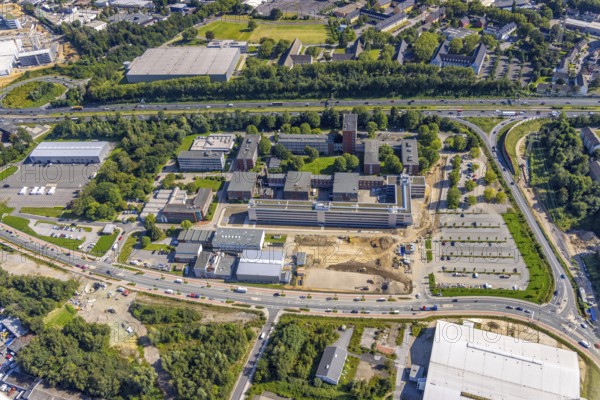Aerial view, Technology Park Essen TPE at the motorway A40, TÜV Informationstechnik GmbH group of companies TÜV NORD, Am Technologiepark in Essen-Kray, Essen, Ruhr area, North Rhine-Westphalia, Germany, DE, Europe, commercial enterprises, commercial area, commercial park, commercial site, commercial use, industrial area, industrial site, aerial view, aerial photography, aerial photography, overview, bird's-eye view, overview