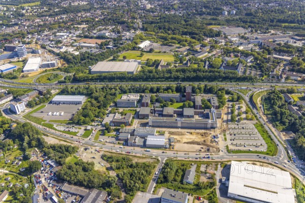 Aerial view, Technology Park Essen TPE at the motorway A40, TÜV Informationstechnik GmbH group of companies TÜV NORD, Am Technologiepark in Essen-Kray, Essen, Ruhr area, North Rhine-Westphalia, Germany, DE, Europe, commercial enterprises, commercial area, commercial park, commercial site, commercial use, industrial area, industrial site, aerial view, aerial photography, aerial photography, overview, bird's-eye view, overview