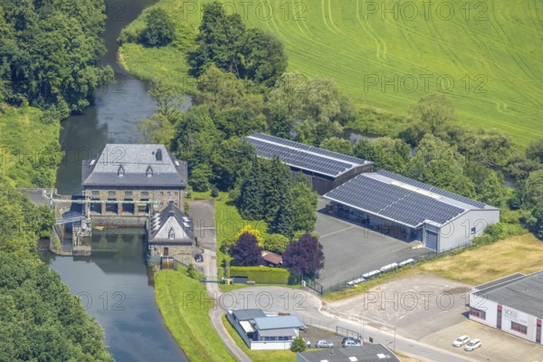 Aerial view, run-of-river power plant Lenhausen, river Lenne and Obergraben, Frielentrop, Finnentrop, Sauerland, North Rhine-Westphalia, Germany, DE, Europe, aerial view, aerial photography, aerial photography, photovoltaic, photovoltaic plant, solar, solar plant, solar roof, solar energy, solar energy, overview, bird's-eye view, hydroelectric power plant, birds-eyes view, overview