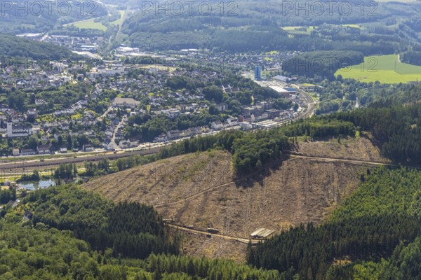Aerial view, forest area with forest damage at Habbecker Berg, Frielentrop, Finnentrop, Sauerland, North Rhine-Westphalia, Germany, tree dieback, bark beetle damage, bark beetle plague, DE, Europe, clear cutting, aerial view, aerial photography, aerial photography, overview, bird's-eye view, forest, forest area, forest damage, forest dieback, birds-eyes view, overview