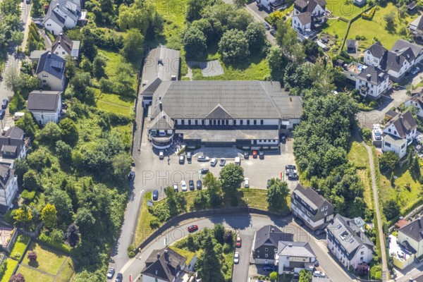 Aerial view, festival hall Finnentrop Bürgerschützenverein, Finnentrop, Sauerland, North Rhine-Westphalia, Germany, DE, Europe, hall, aerial view, aerial photography, aerial photography, overview, bird's eye view, birds-eyes view, overview