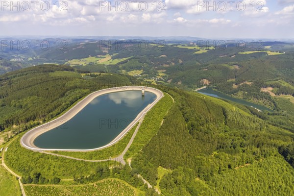 Aerial view, pumped storage plant Oberbecken, Schönholthausen, Finnentrop, Sauerland, North Rhine-Westphalia, Germany, DE, Europe, aerial view, aerial photography, aerial photography, overview, bird's-eye view, overview